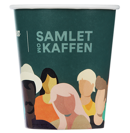 grønt papbæger med Peter Larsen Kaffe-logo